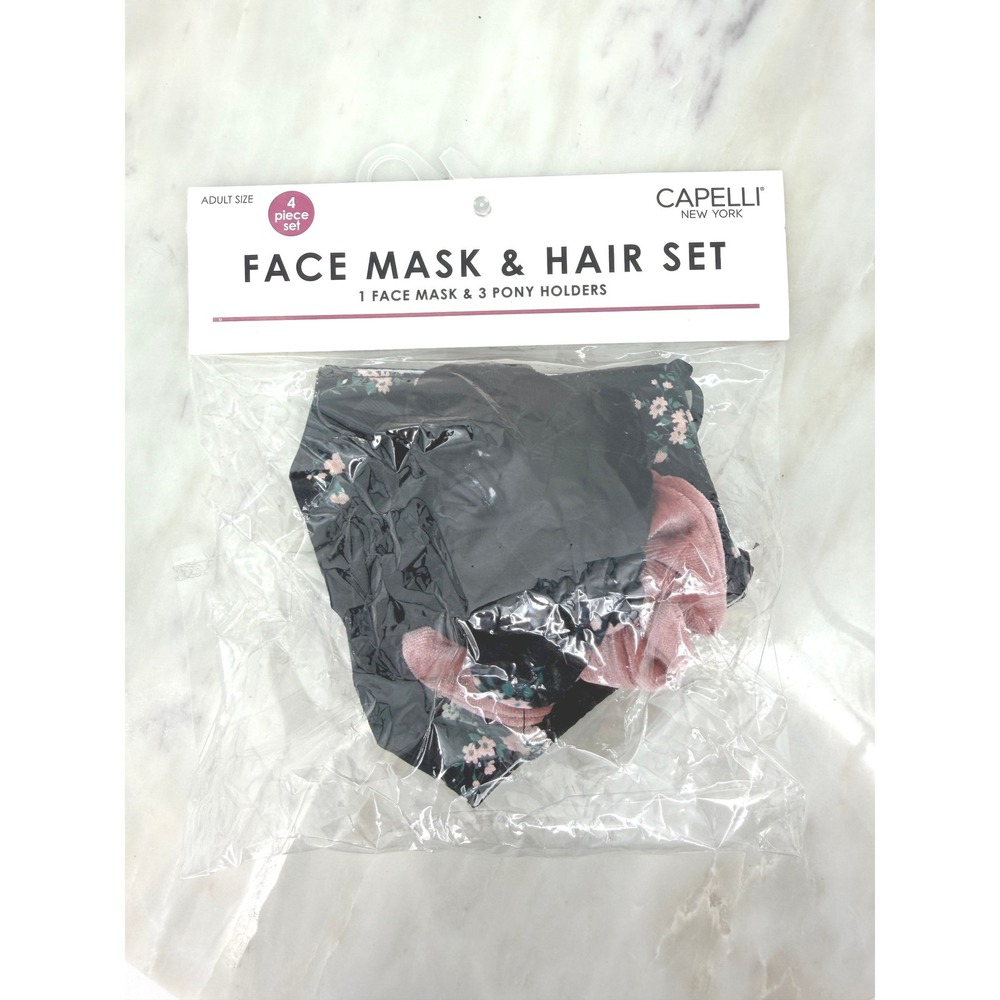 Capelli New York Floral Face Mask and 3 Hair Scrunchies Set PK110462 Black Pink